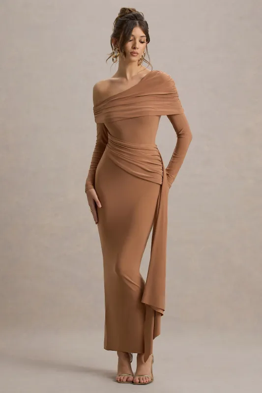Valina | Brown Ruched Asymmetric Maxi Dress With Drape sold by Club L London