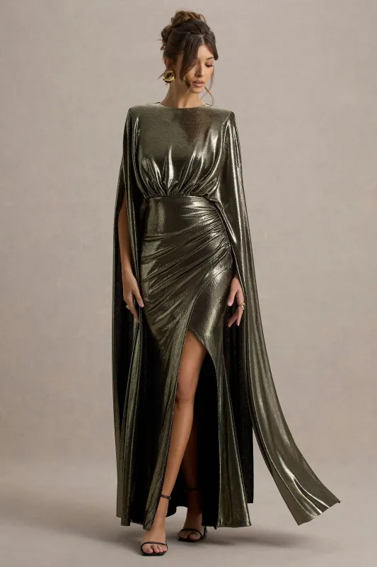 Theia | Gold Metallic Cape-Sleeve Split Maxi Dress sold by Club L London