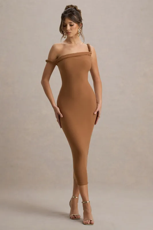 Salome | Brown Twisted Asymmetric Midi Dress sold by Club L London