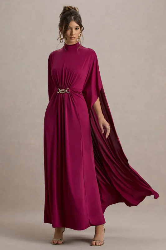 Olessia | Burgundy Belted Gathered Cape-Sleeve Maxi Dress sold by Club L London