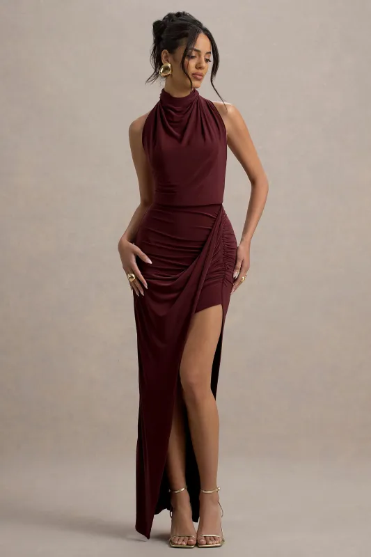 Hayden | Burgundy High-Neck Draped Split Maxi Dress sold by Club L London