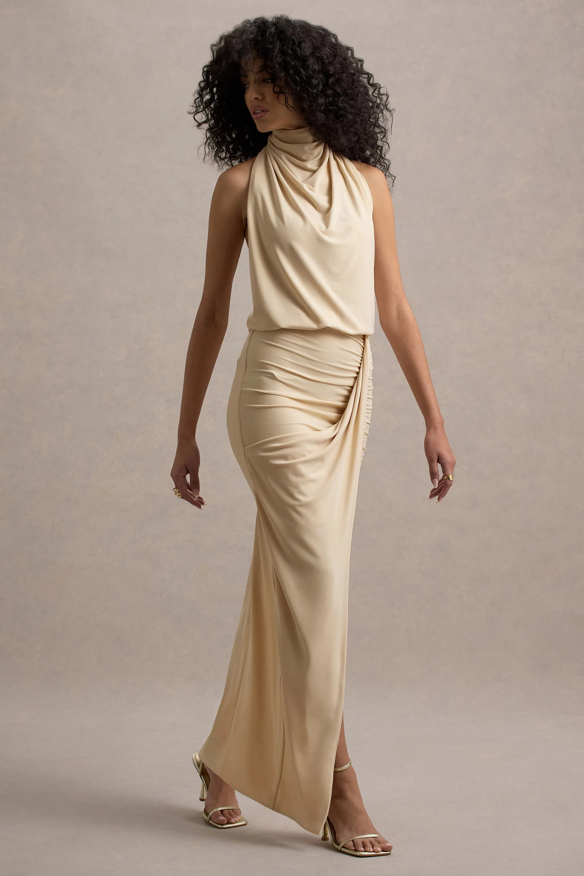 Hayden | Sand High-Neck Draped Split Maxi Dress sold by Club L London product image thumbnail 4