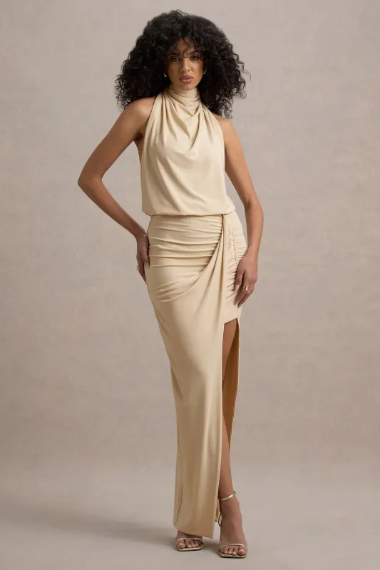 Hayden | Sand High-Neck Draped Split Maxi Dress sold by Club L London