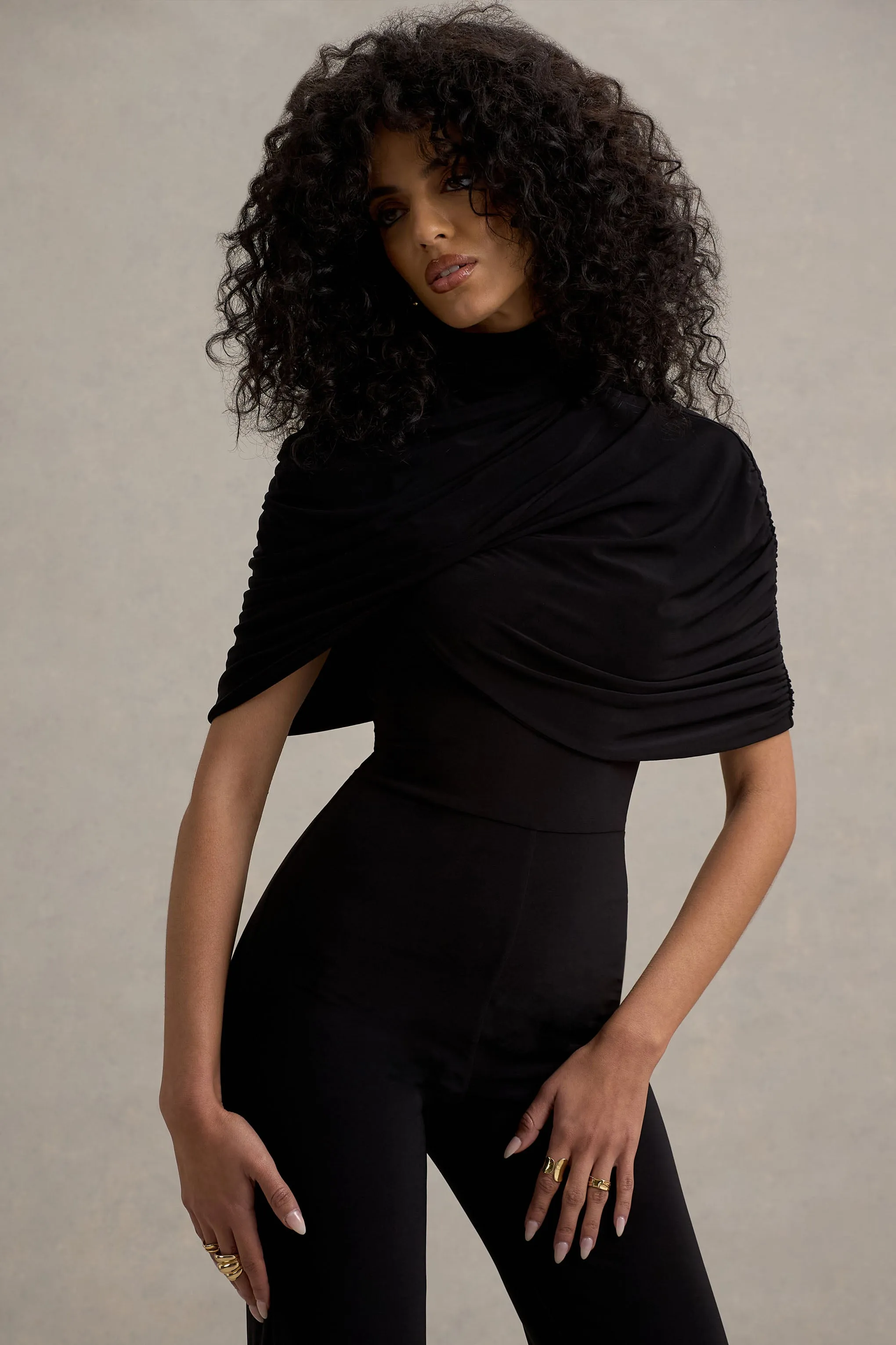 Isoline | Black Twist Cape Flared-Leg Jumpsuit sold by Club L London product image thumbnail 3