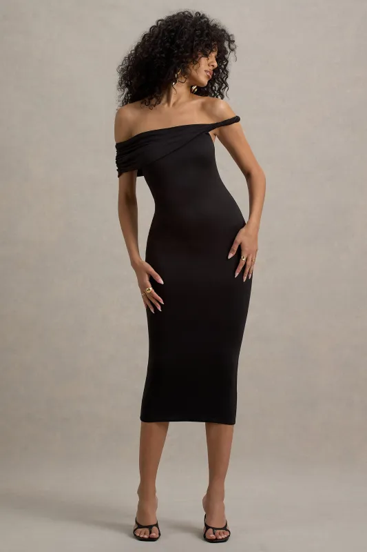 Skye | Black Twisted Bardot Midi Dress sold by Club L London