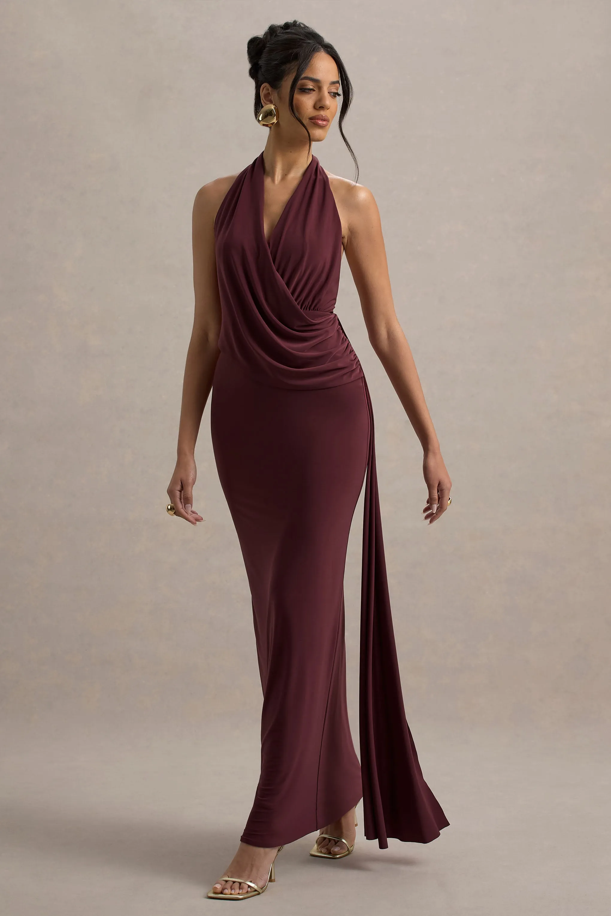 Rosina | Burgundy Halter-Neck Draped Maxi Dress With Sash sold by Club L London product image thumbnail 4