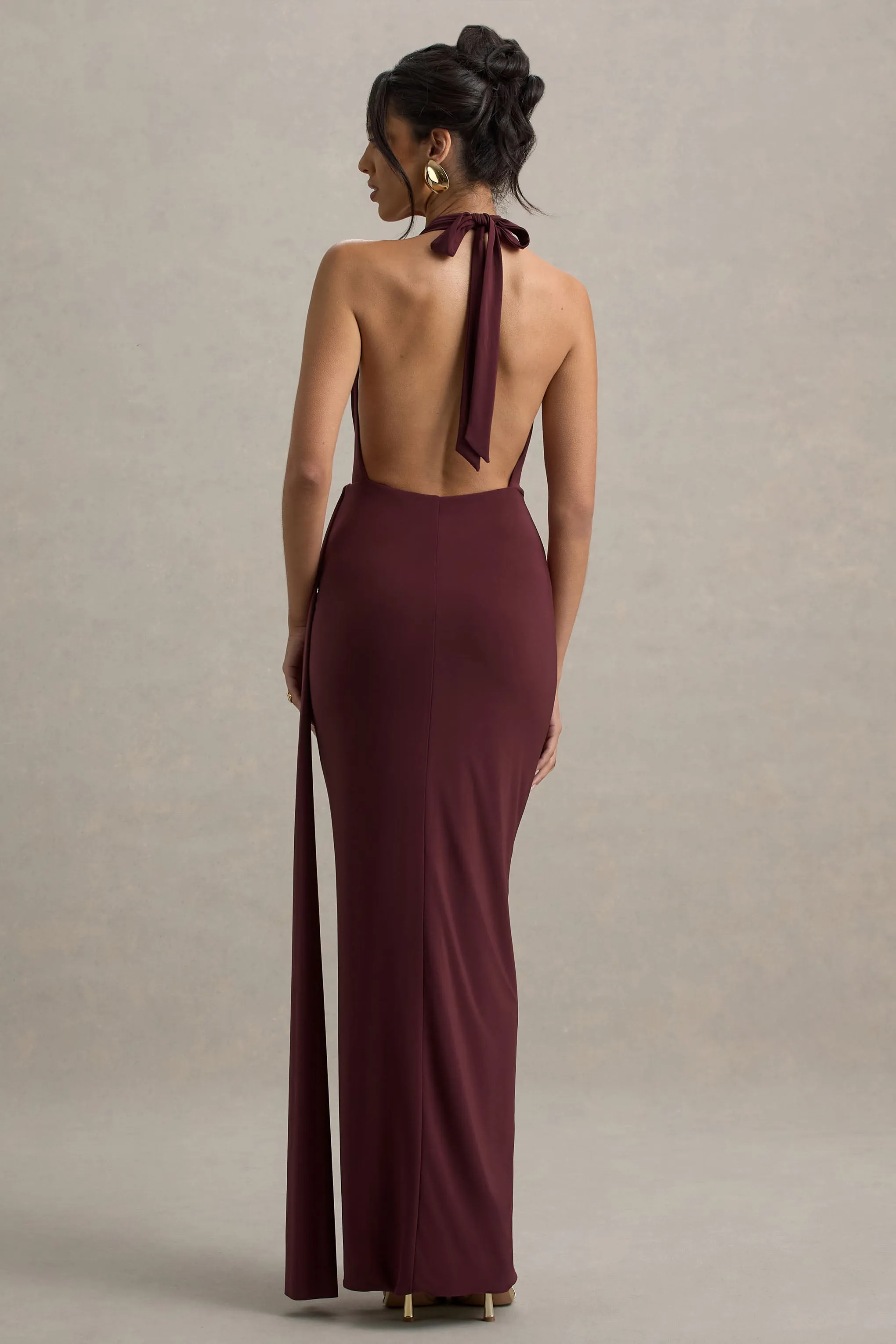 Rosina | Burgundy Halter-Neck Draped Maxi Dress With Sash sold by Club L London product image thumbnail 2
