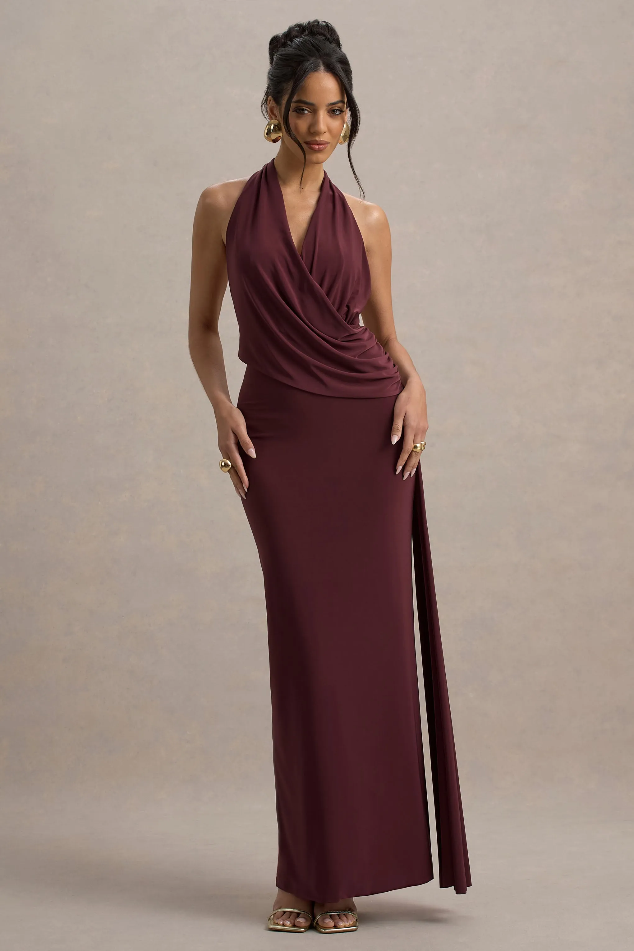 Rosina | Burgundy Halter-Neck Draped Maxi Dress With Sash sold by Club L London
