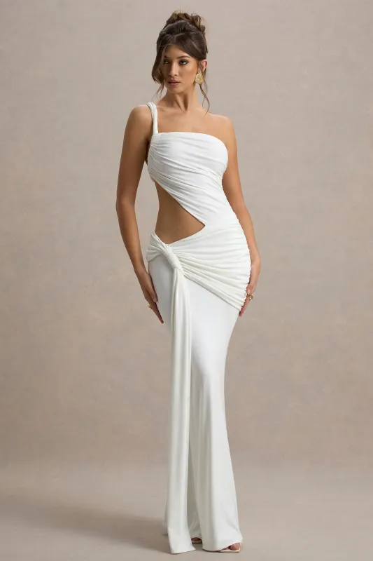 Giovanna | White Asymmetric Maxi Dress With Wrap Skirt sold by Club L London