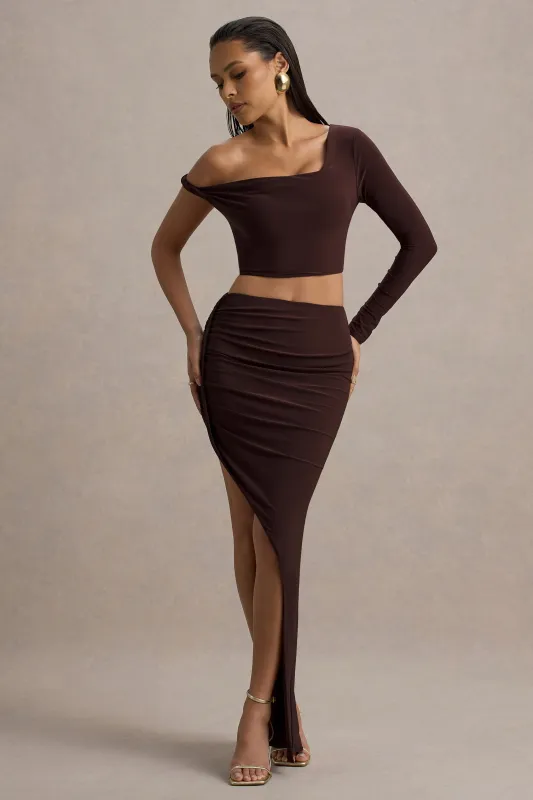 Robina | Brown Asymmetric Split Maxi Skirt sold by Club L London