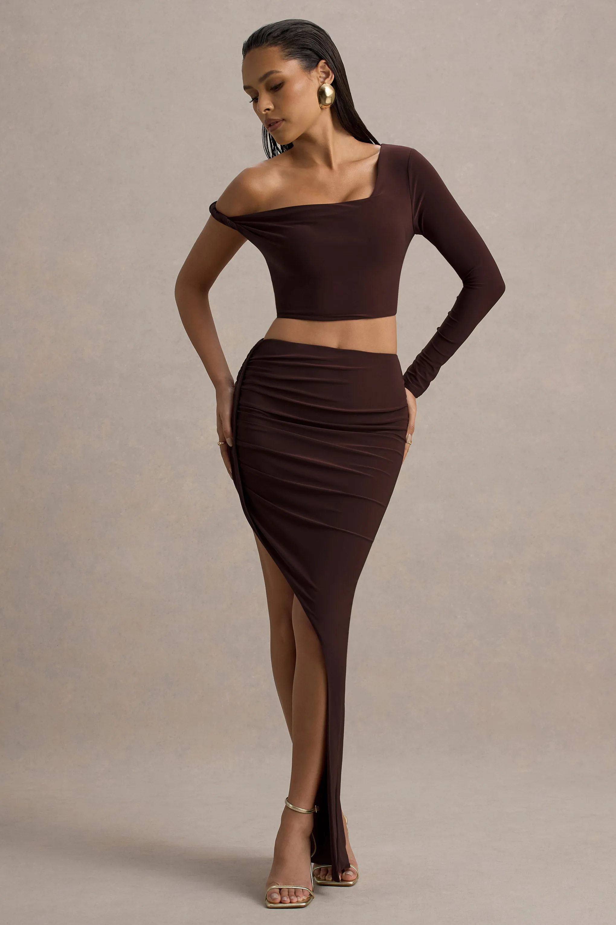 Gabbi | Brown Twisted Asymmetric One-Sleeve Crop Top sold by Club L London product image thumbnail 5