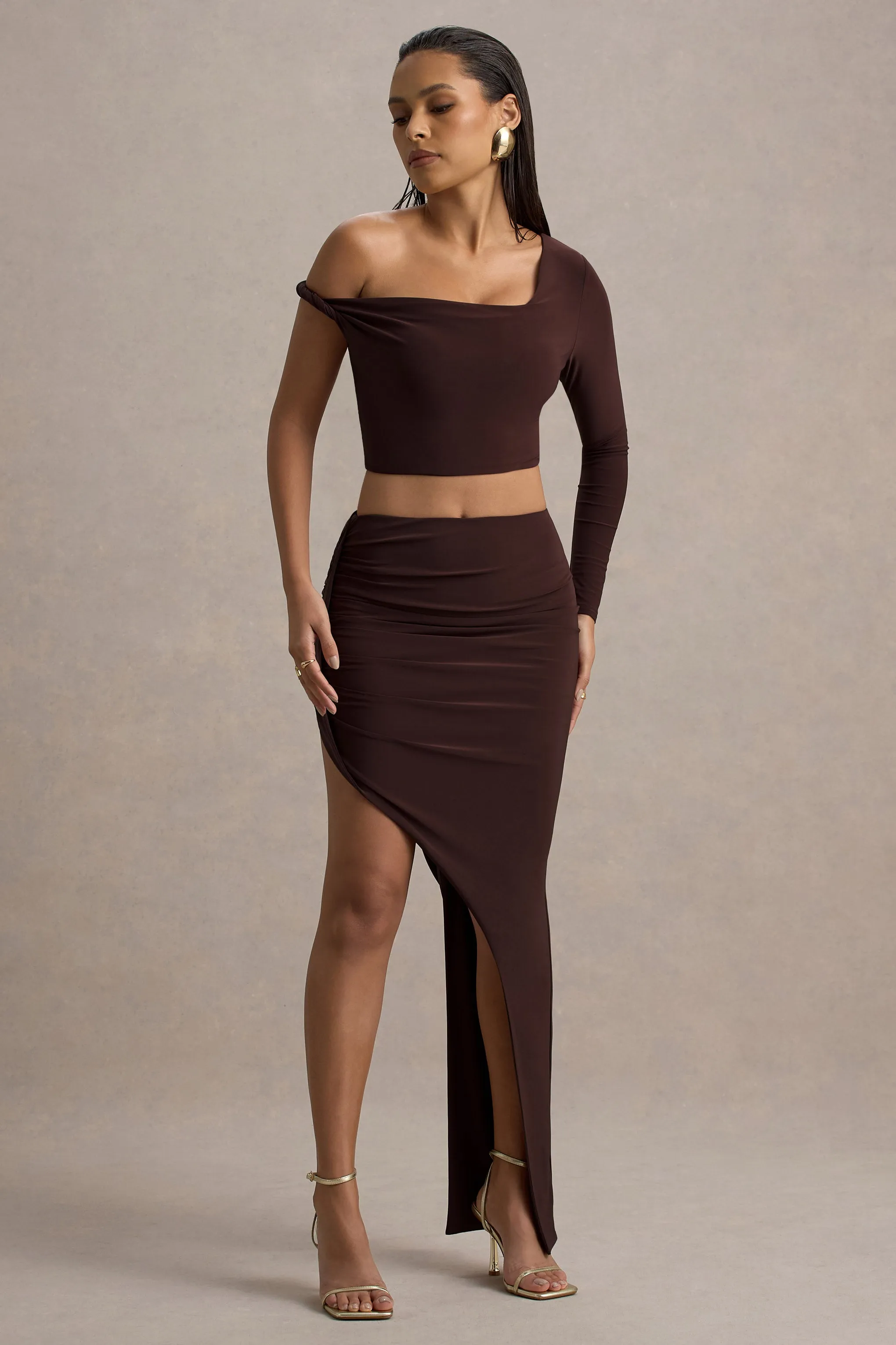 Gabbi | Brown Twisted Asymmetric One-Sleeve Crop Top sold by Club L London product image thumbnail 4