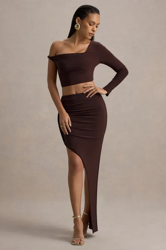 Gabbi | Brown Twisted Asymmetric One-Sleeve Crop Top sold by Club L London
