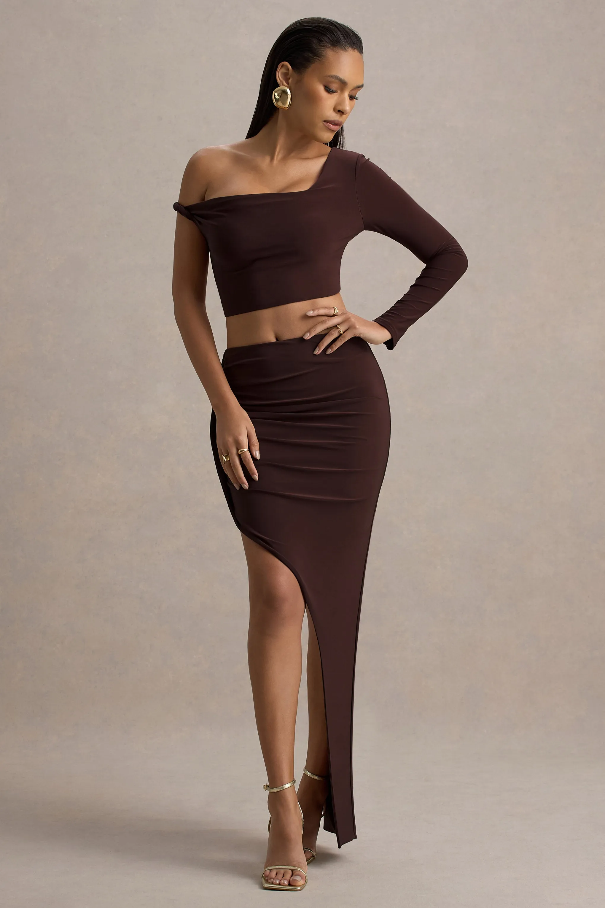 Gabbi | Brown Twisted Asymmetric One-Sleeve Crop Top sold by Club L London