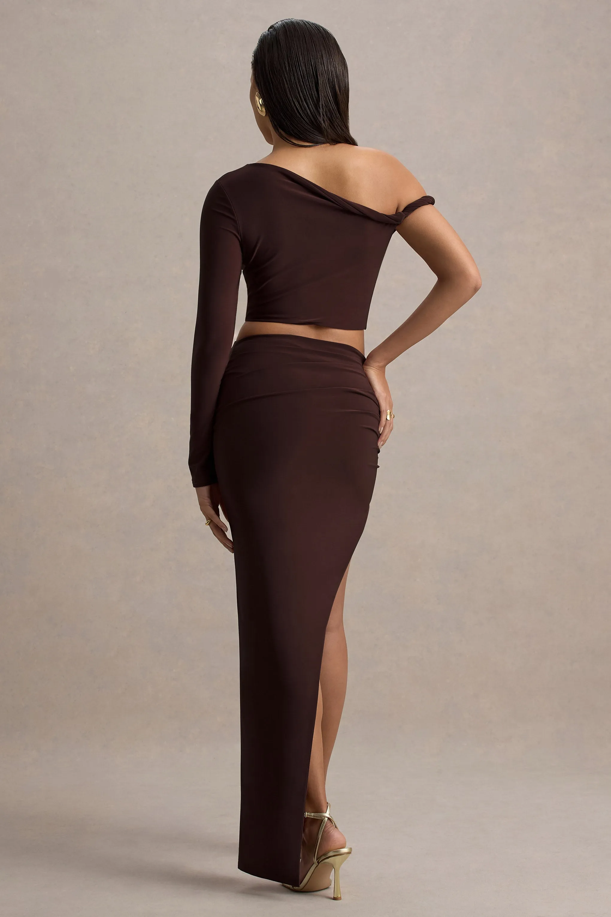 Gabbi | Brown Twisted Asymmetric One-Sleeve Crop Top sold by Club L London product image thumbnail 2
