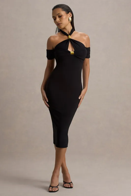 Selvina | Black Cut-Out Halter-Neck Midi Dress sold by Club L London