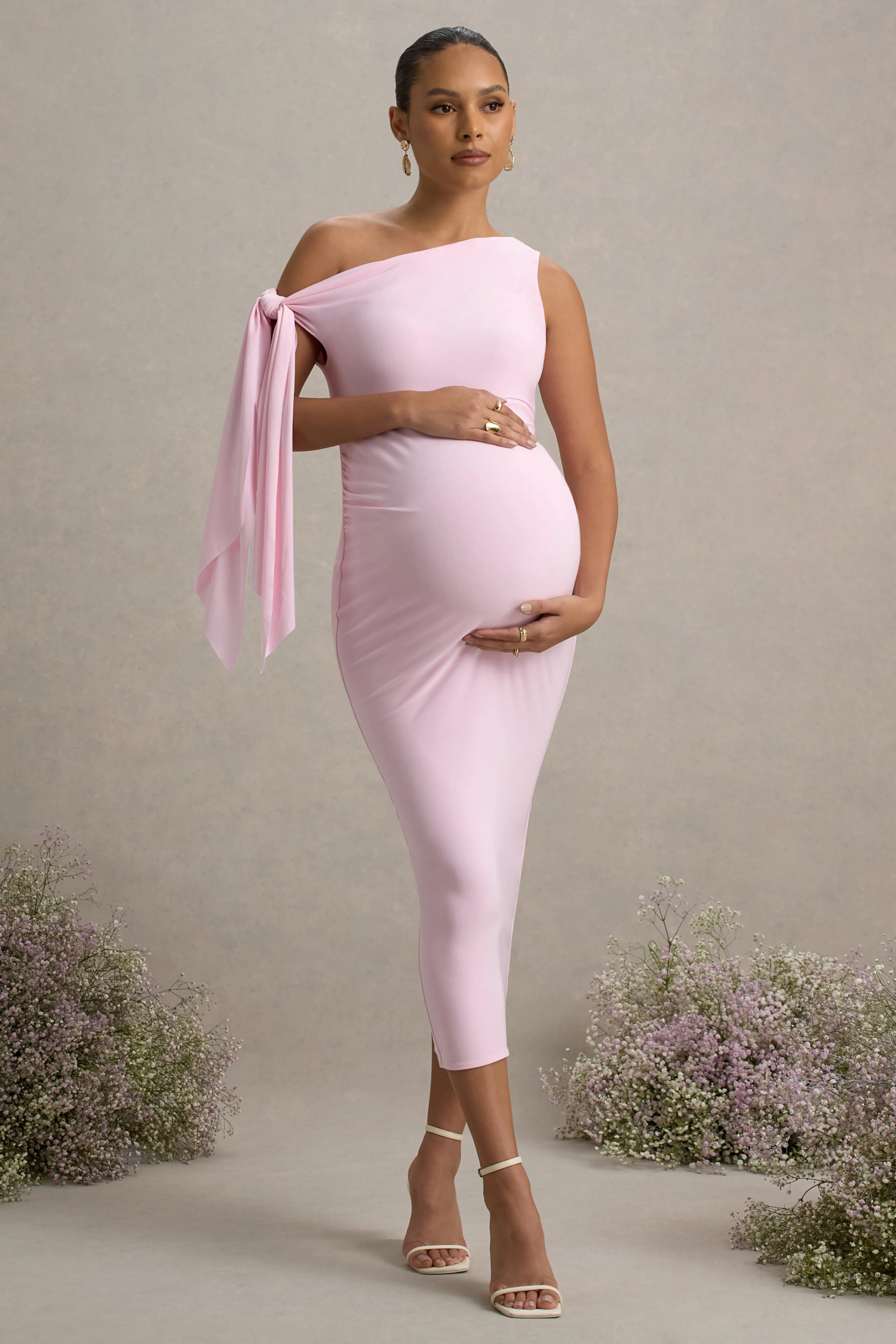 Katarine | Pink Asymmetric Knot Maternity Midi Dress sold by Club L London product image thumbnail 4