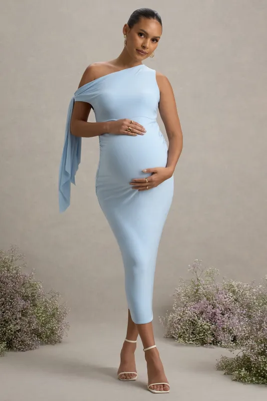 Katarine | Powder Blue Asymmetric Knot Maternity Midi Dress sold by Club L London