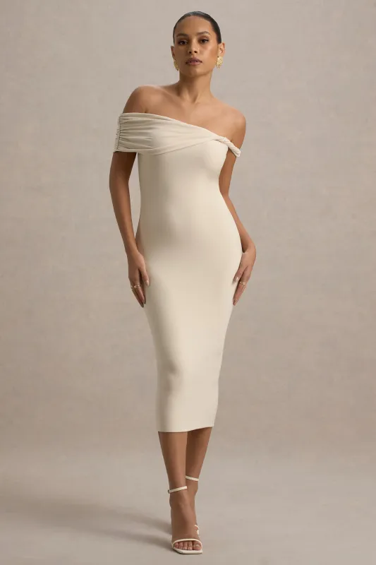 Skye | Sand Twisted Bardot Midi Dress made by Club L London