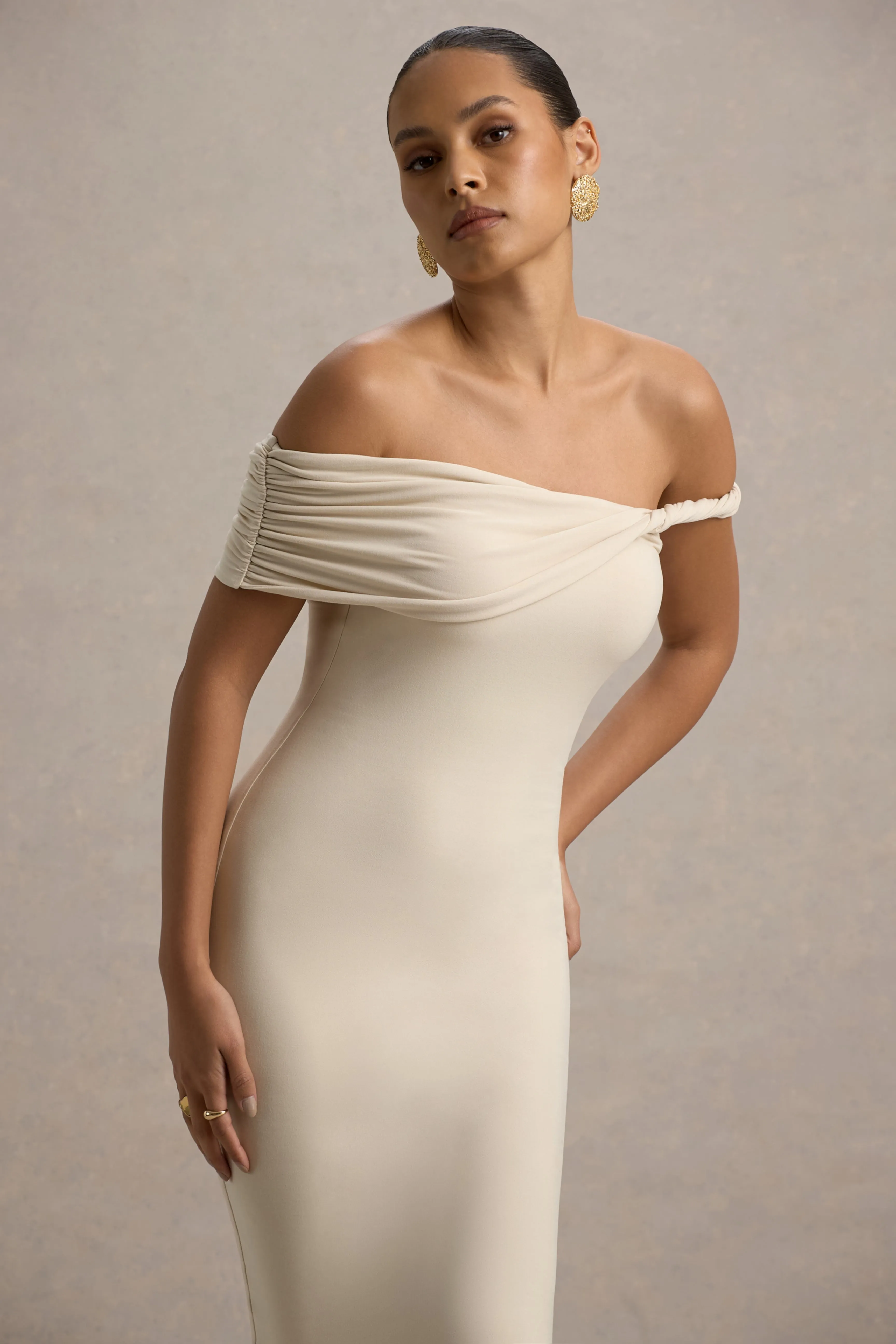 Skye | Sand Twisted Bardot Midi Dress sold by Club L London product image thumbnail 3