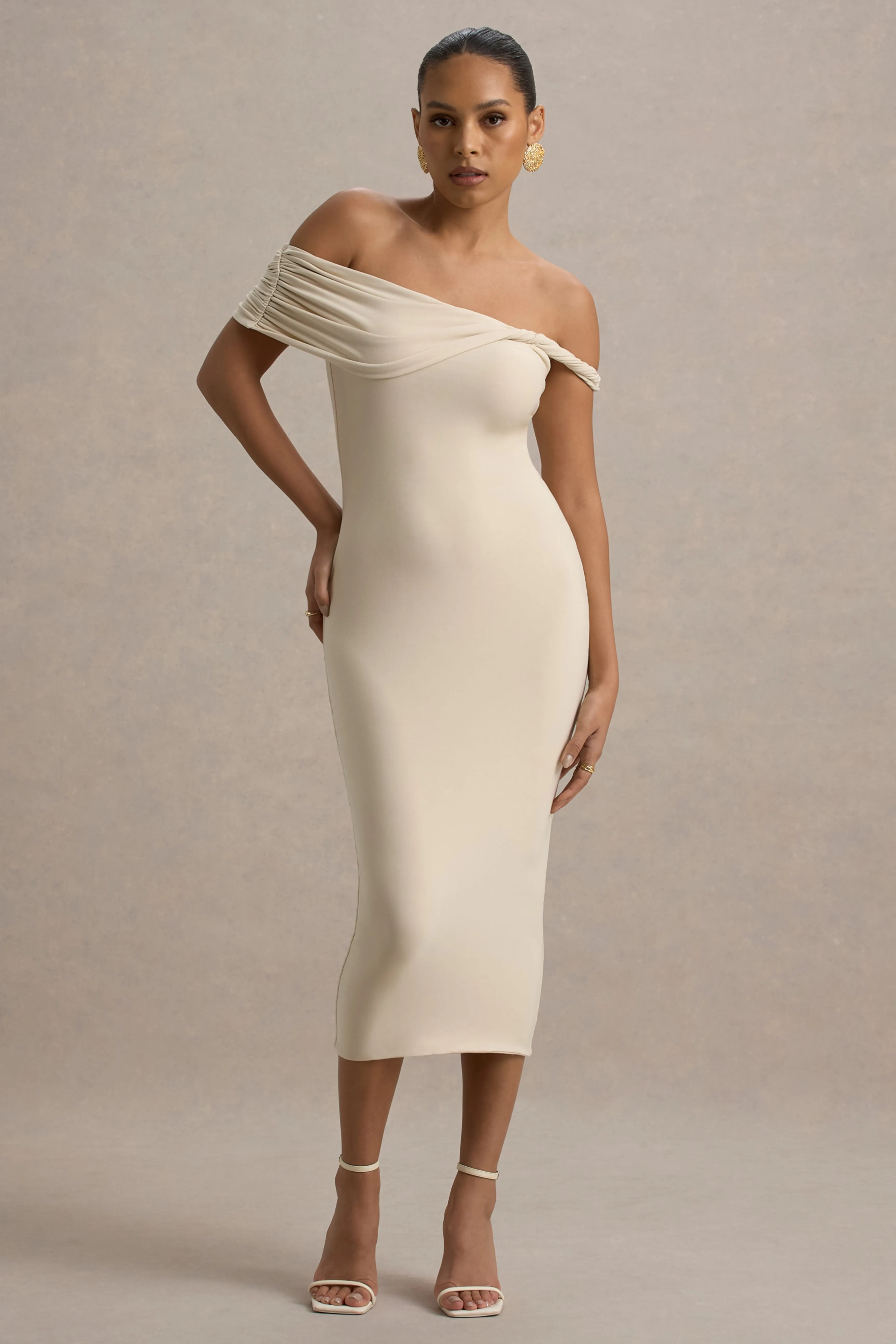 Skye | Sand Twisted Bardot Midi Dress sold by Club L London product image thumbnail 5