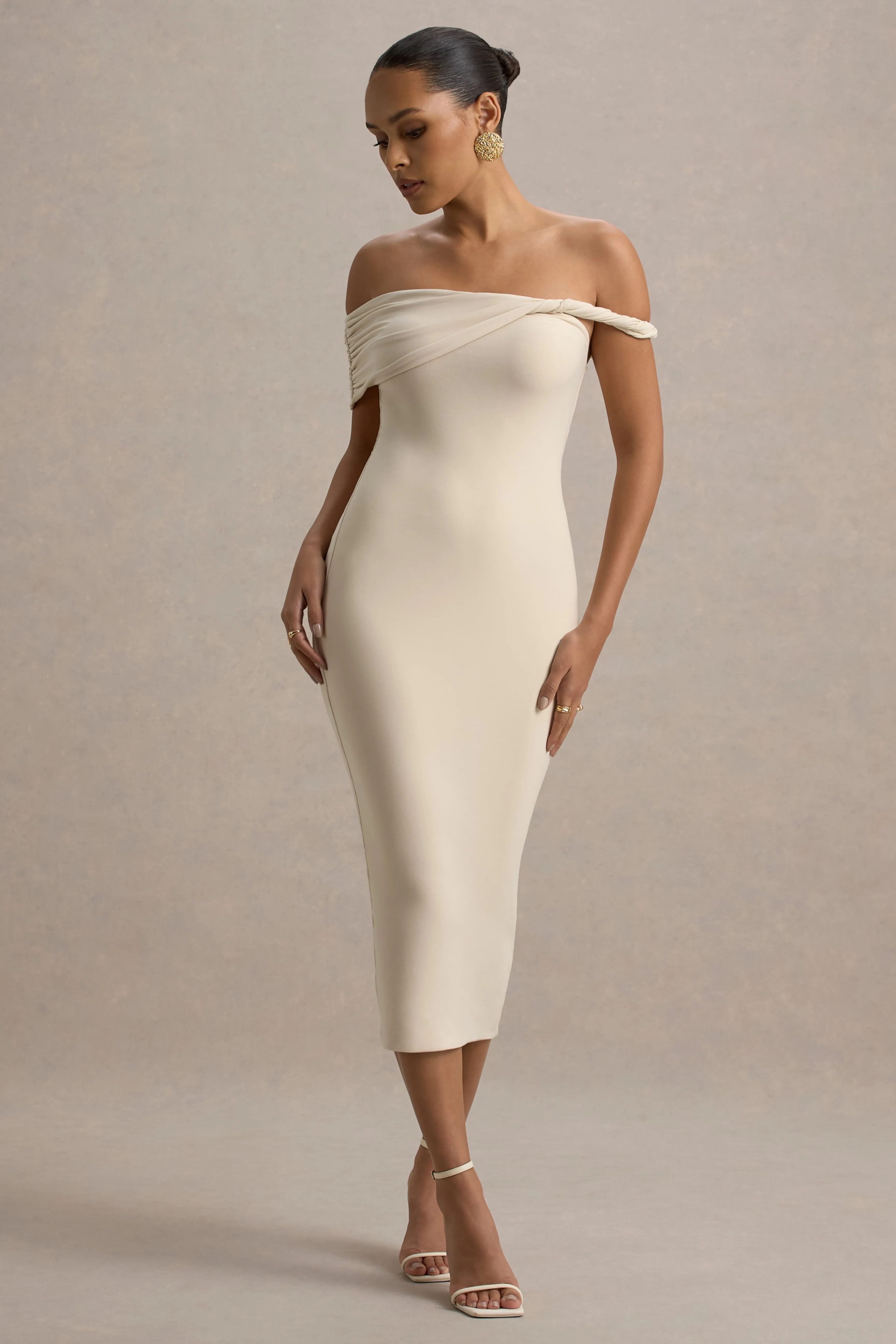 Skye | Sand Twisted Bardot Midi Dress sold by Club L London product image thumbnail 4