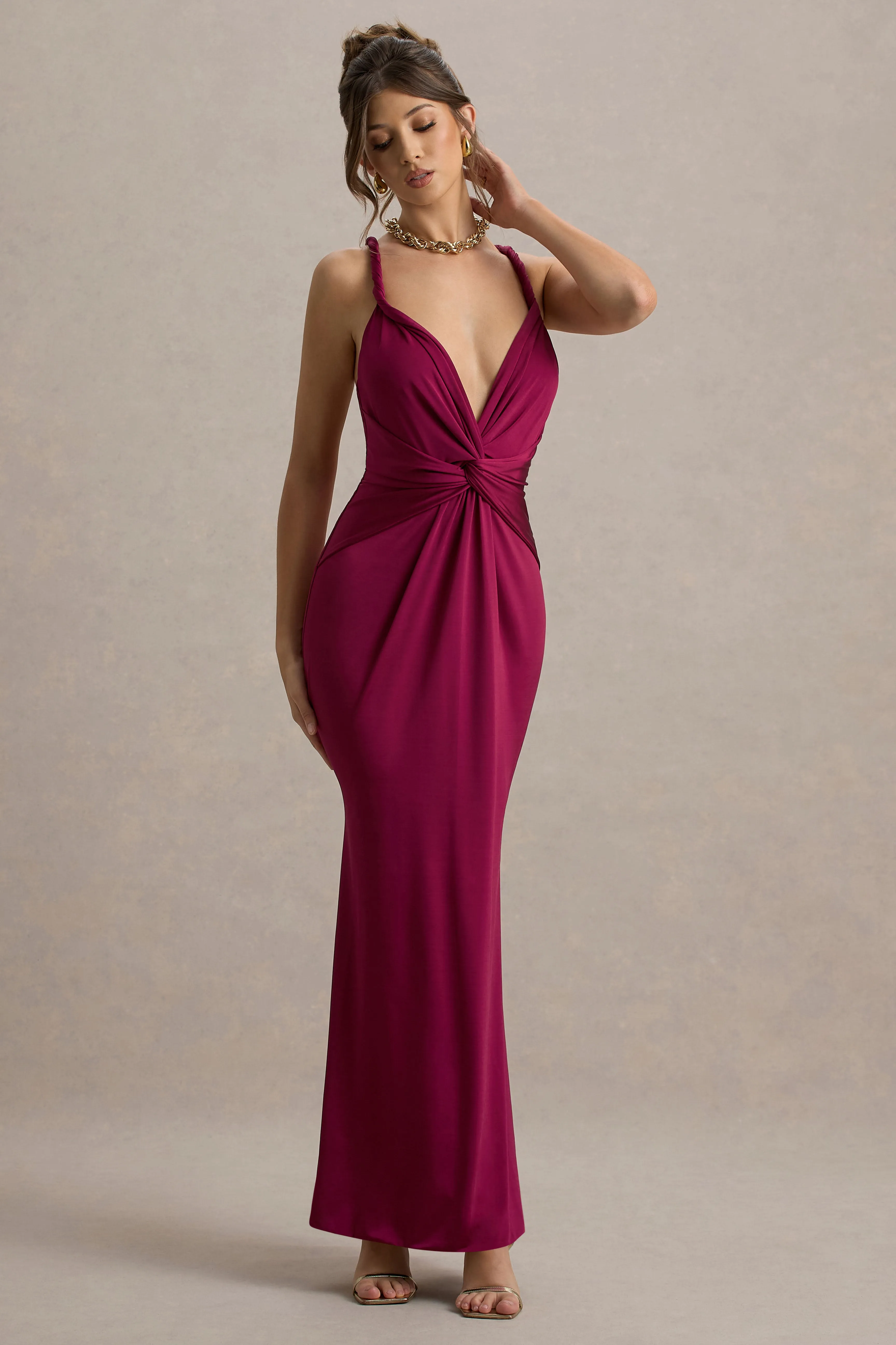 Santez | Dark Cherry Twisted Plunge-Neck Maxi Dress sold by Club L London product image thumbnail 4