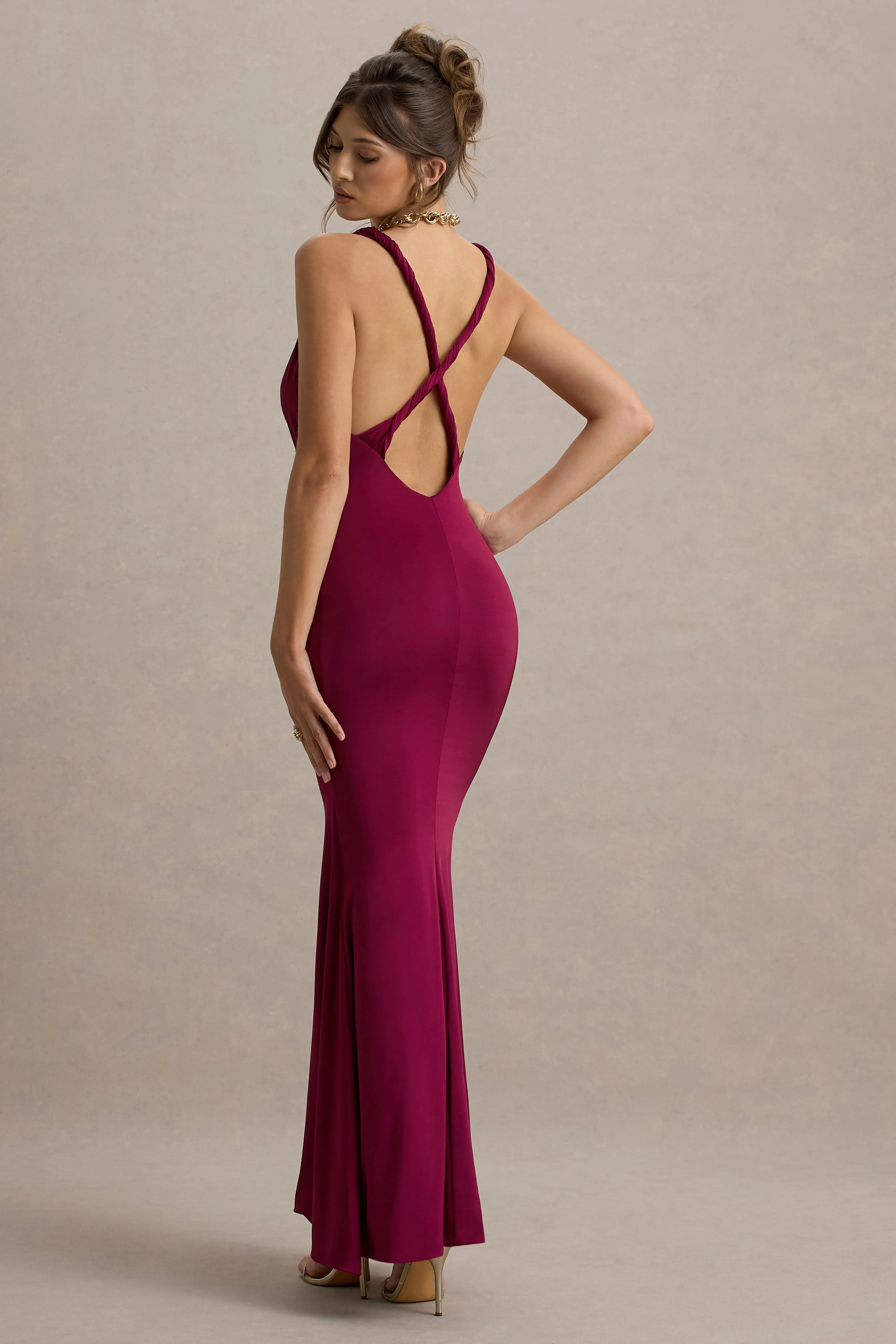 Santez | Dark Cherry Twisted Plunge-Neck Maxi Dress sold by Club L London product image thumbnail 2
