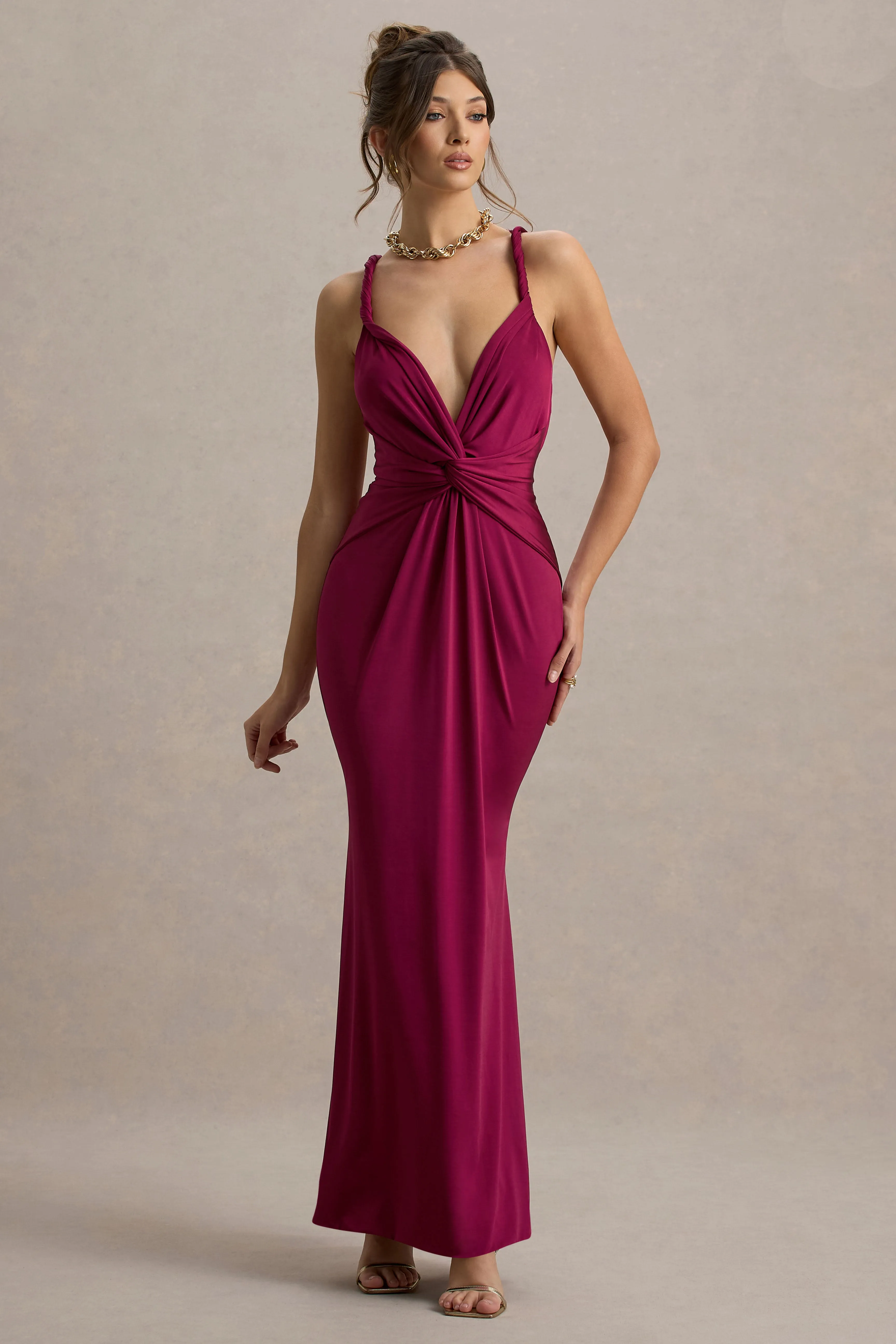 Santez | Dark Cherry Twisted Plunge-Neck Maxi Dress sold by Club L London