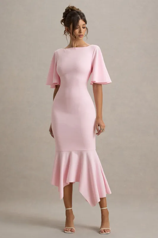 Ashling | Pink Flutter-Sleeve Hanky-Hem Midi Dress sold by Club L London