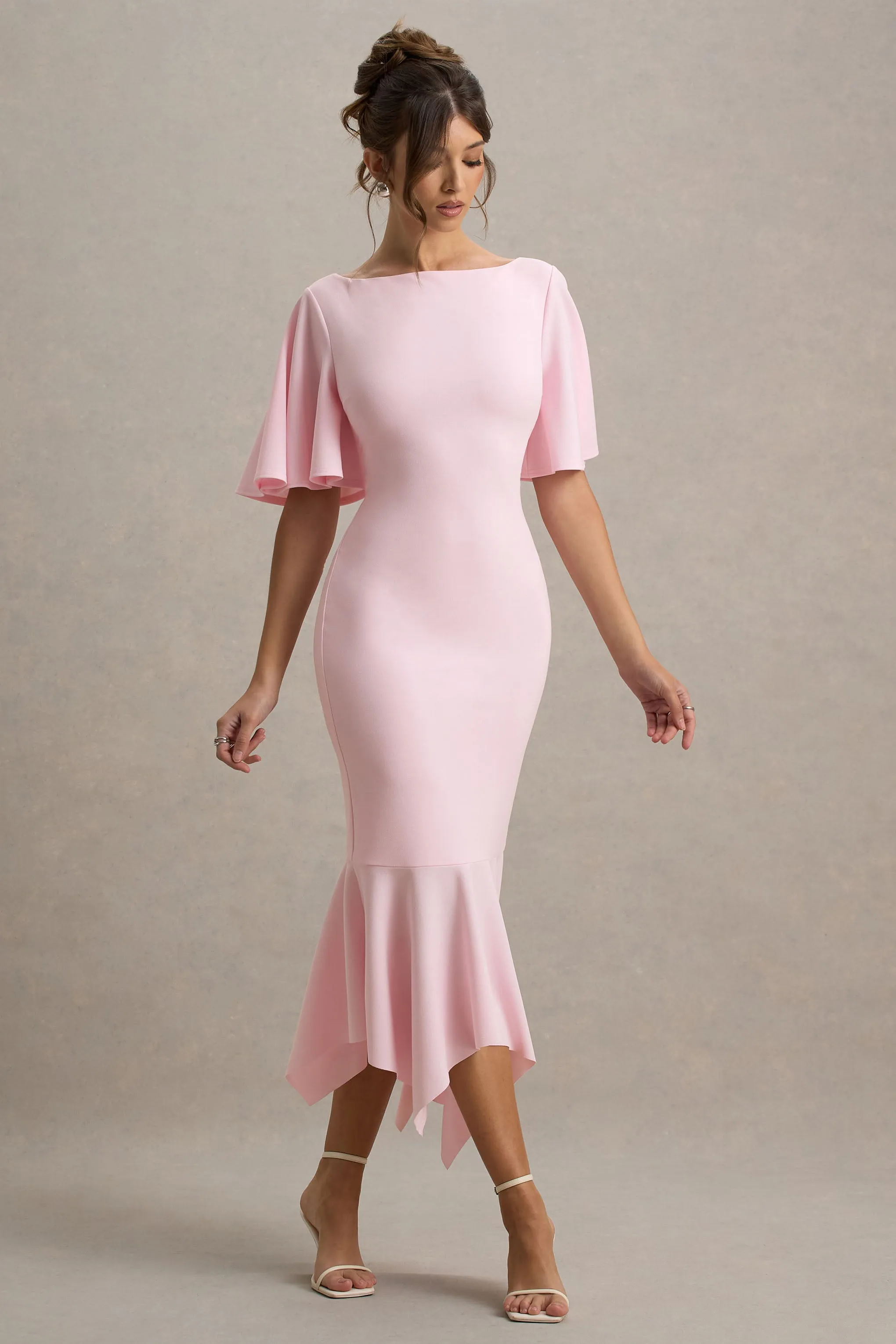 Ashling | Pink Flutter-Sleeve Hanky-Hem Midi Dress sold by Club L London product image thumbnail 5