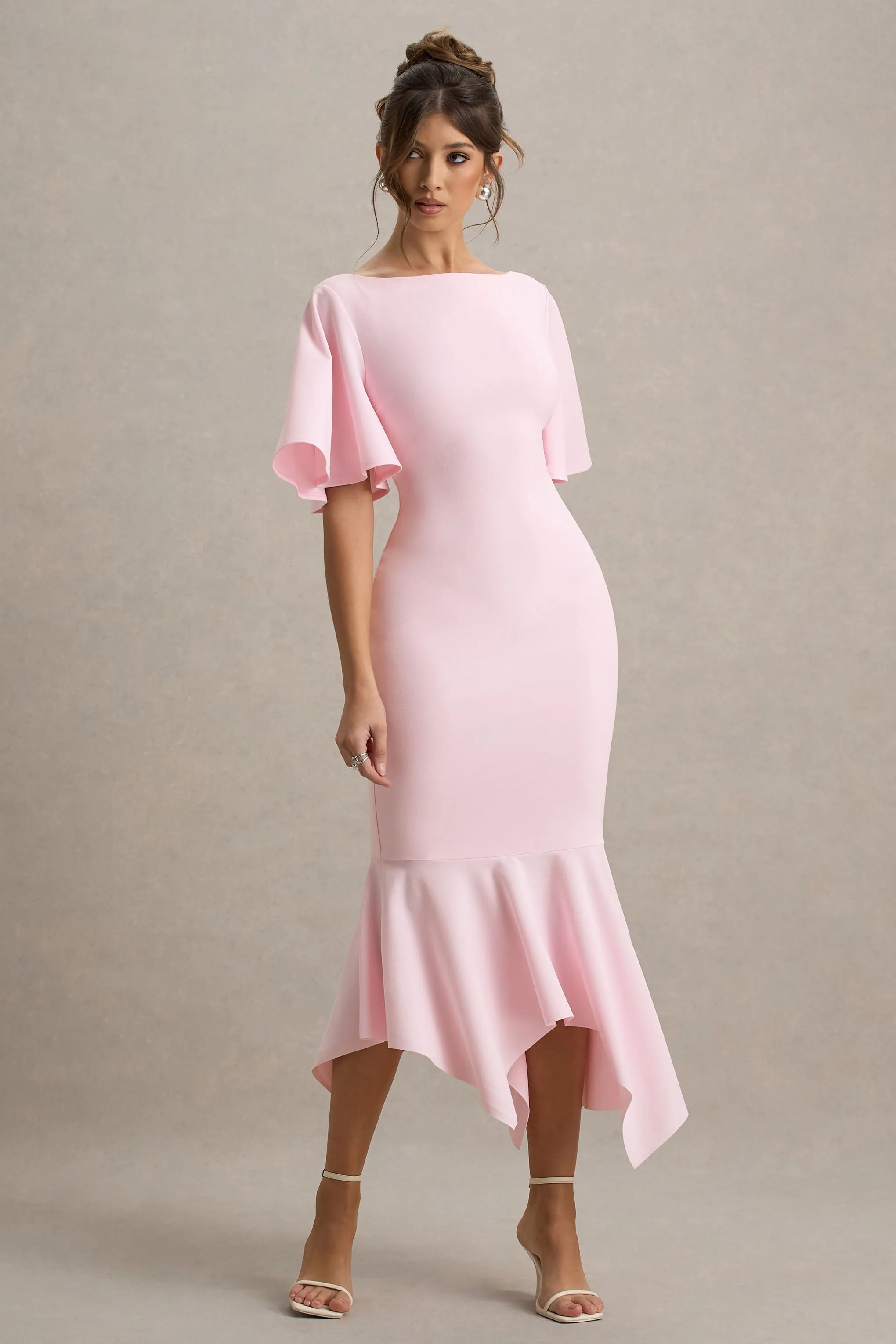 Ashling | Pink Flutter-Sleeve Hanky-Hem Midi Dress sold by Club L London product image thumbnail 4