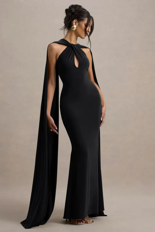 Rhoda | Black Twist Halter-Neck Cape Maxi Dress made by Club L London