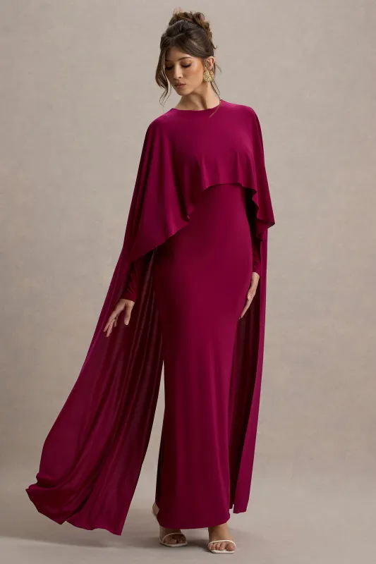Belinda | Burgundy Draped Maxi Dress With Cape Sleeves sold by Club L London