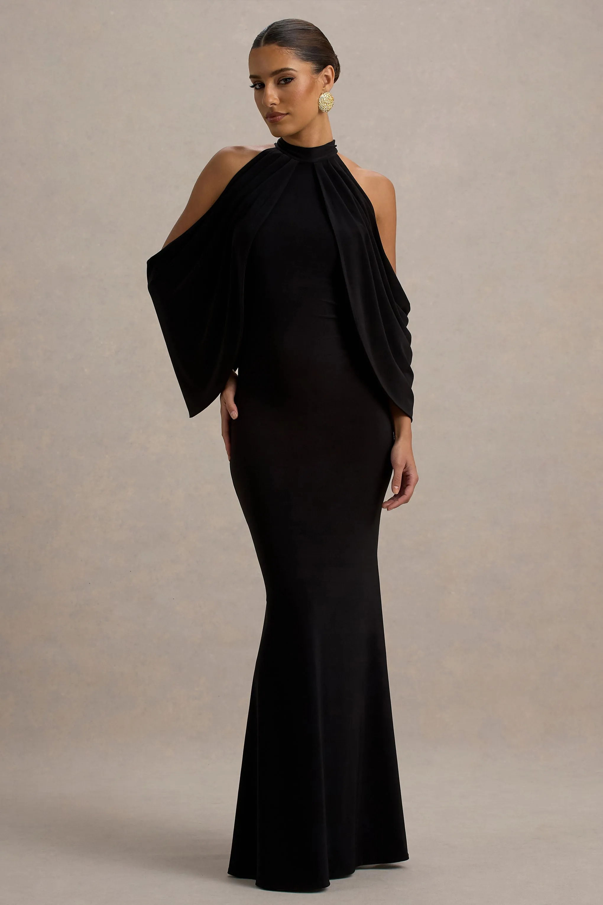 Teresa | Black High-Neck Cold-Shoulder Maxi Dress sold by Club L London