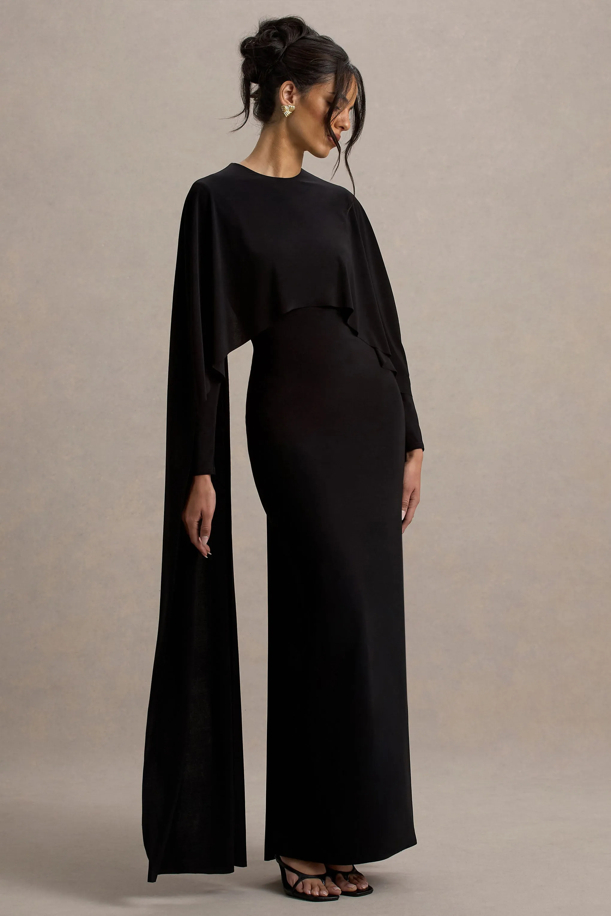 Belinda | Black Draped Maxi Dress With Cape Sleeves sold by Club L London product image thumbnail 5