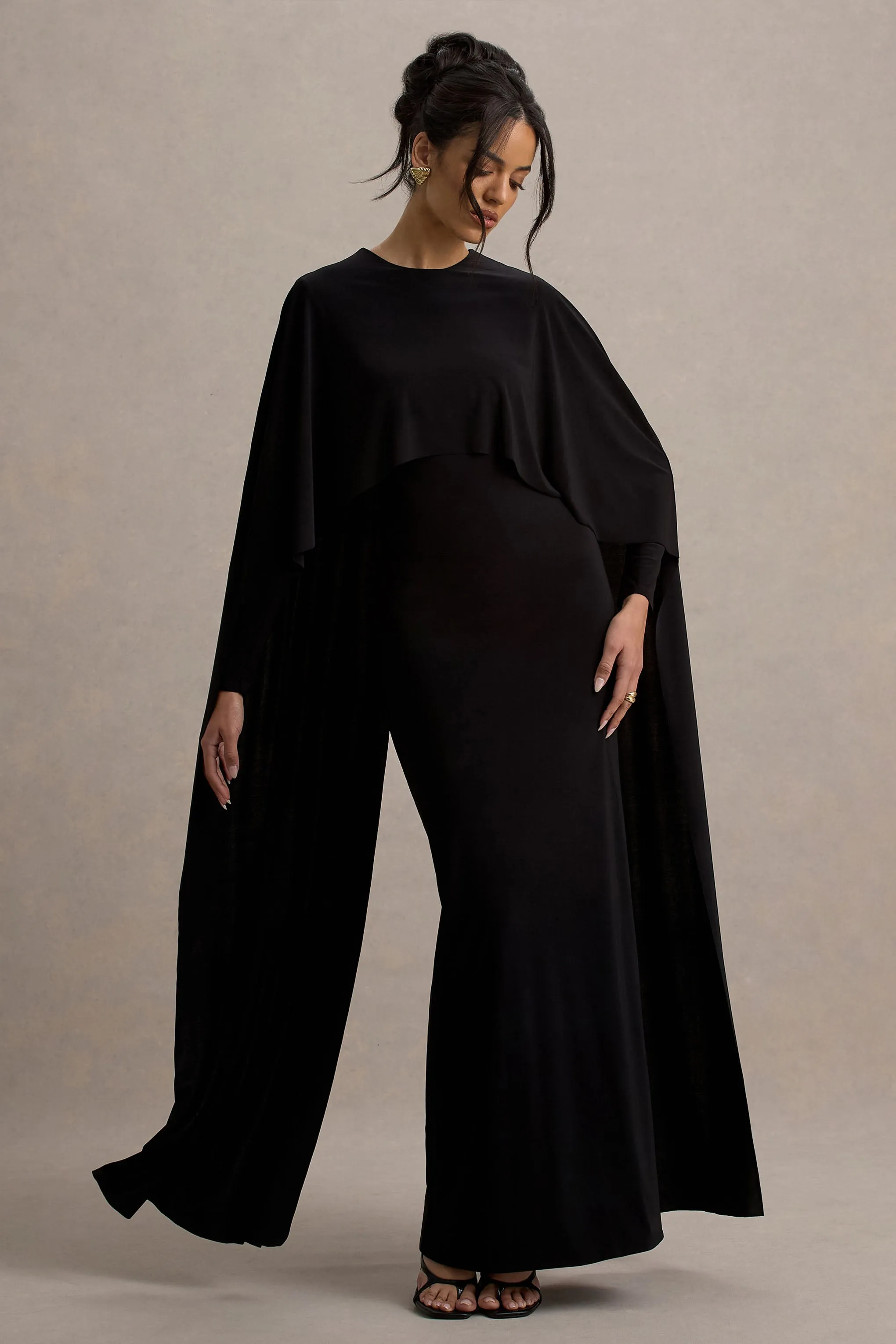Belinda | Black Draped Maxi Dress With Cape Sleeves sold by Club L London