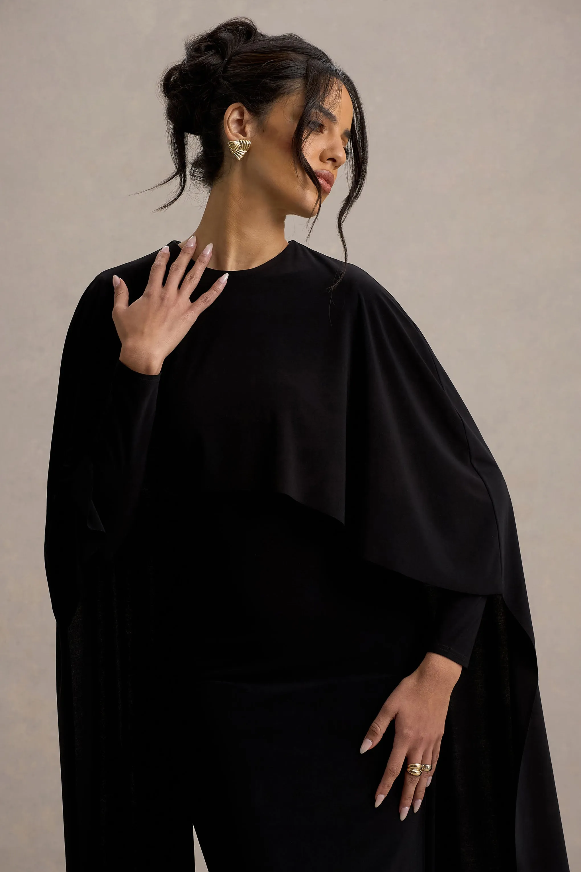 Belinda | Black Draped Maxi Dress With Cape Sleeves sold by Club L London product image thumbnail 3