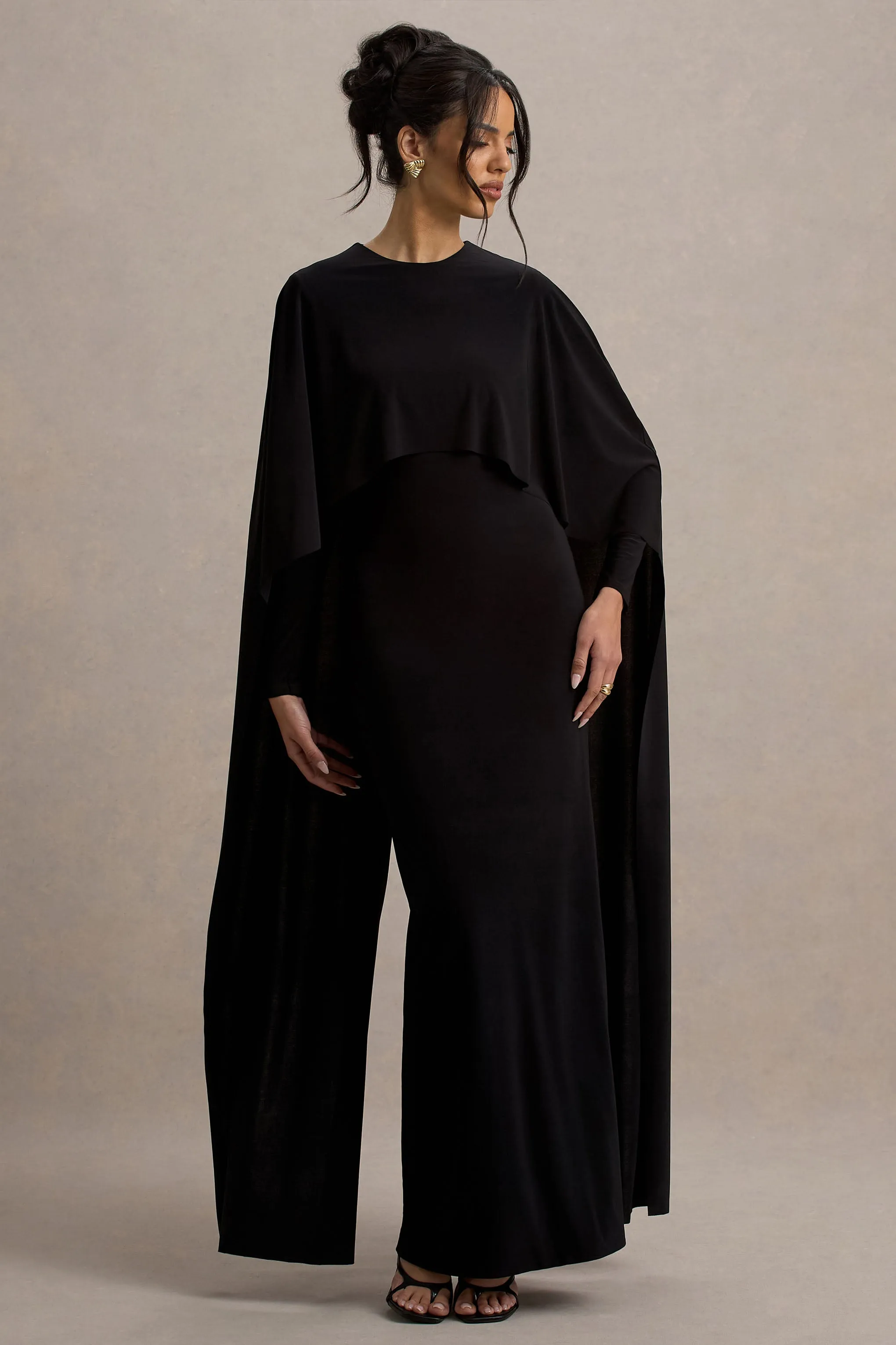 Belinda | Black Draped Maxi Dress With Cape Sleeves sold by Club L London product image thumbnail 4