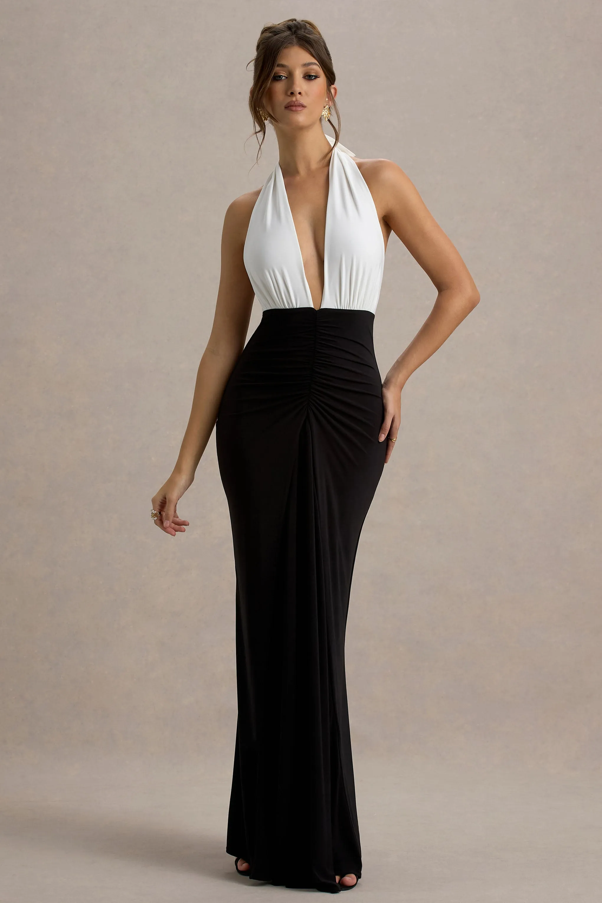Payton | Black & White Ruched Halter-Neck Maxi Dress sold by Club L London