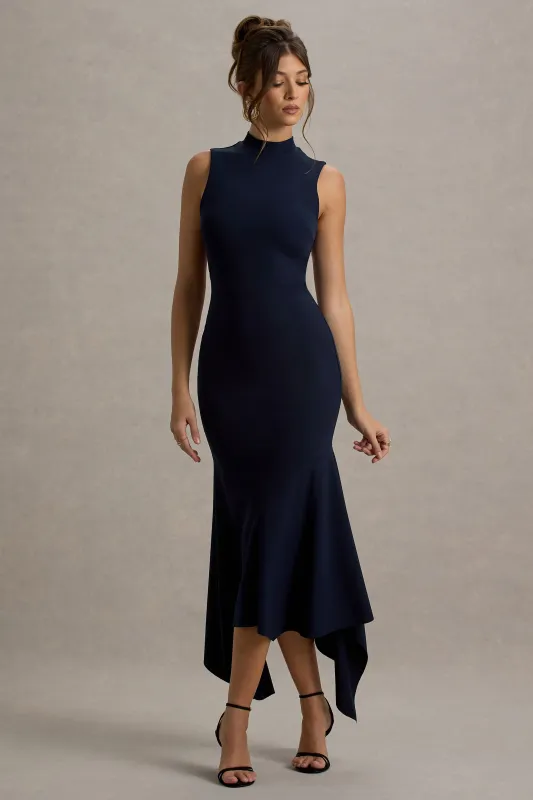 Janice | Navy High-Neck Hanky-Hem Maxi Dress sold by Club L London