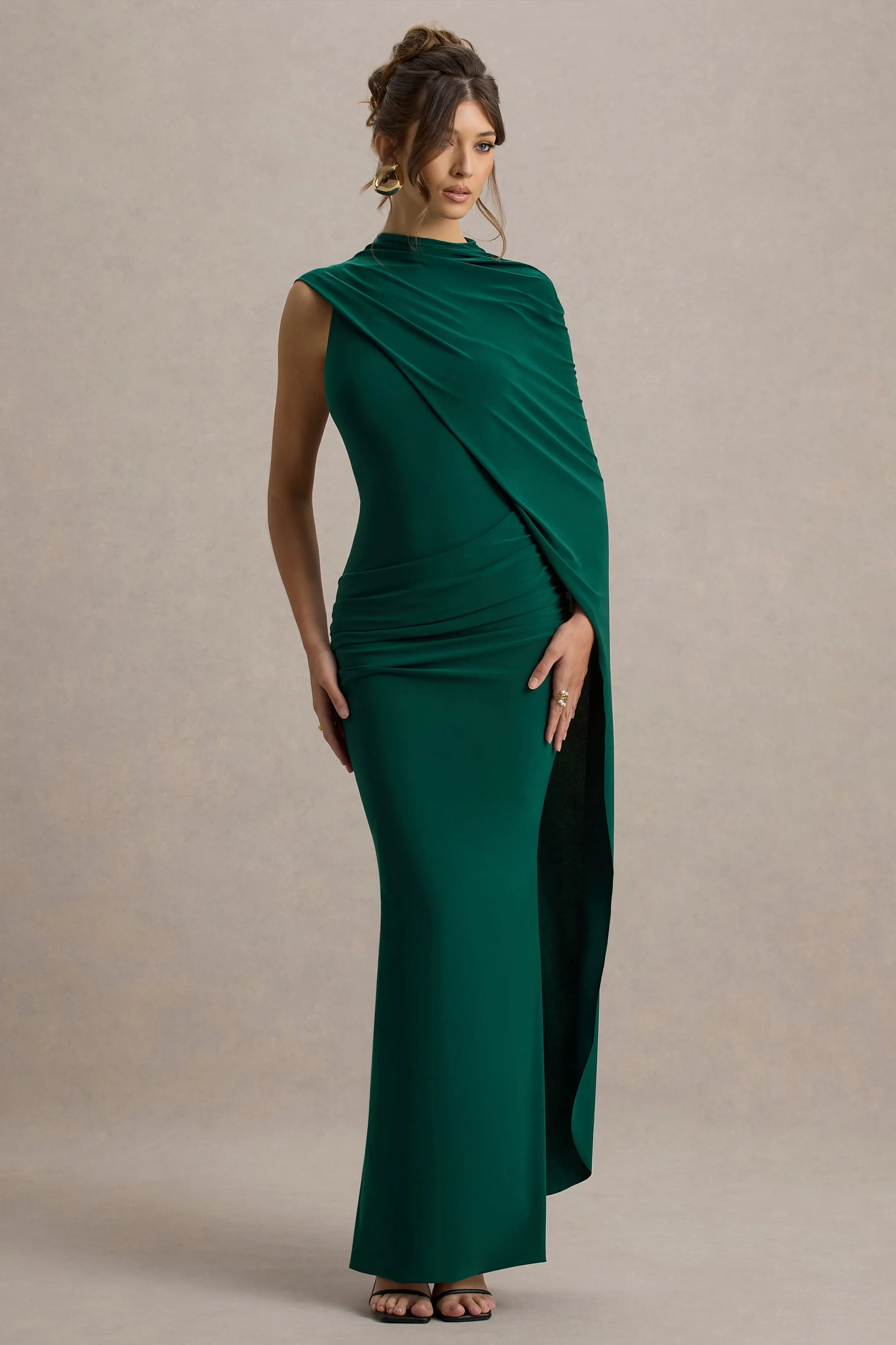 Maeve | Bottle Green Cape-Sleeve Draped Maxi Dress sold by Club L London