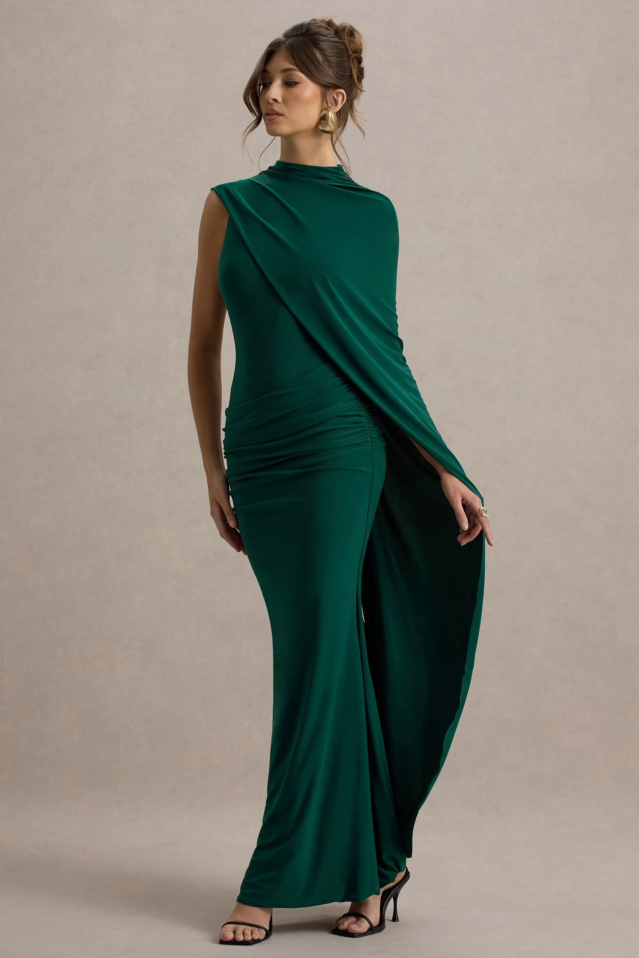 Maeve | Bottle Green Cape-Sleeve Draped Maxi Dress sold by Club L London product image thumbnail 4