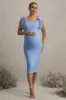 Linnie | Powder Blue Square-Neck Maternity Midi Dress With Bow Straps sold by Club L London