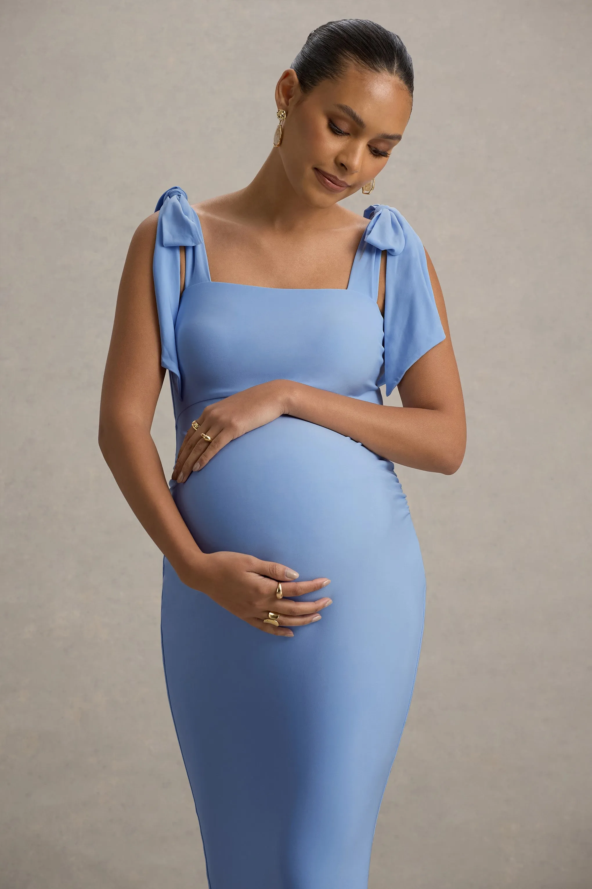 Linnie | Powder Blue Square-Neck Maternity Midi Dress With Bow Straps sold by Club L London product image thumbnail 4