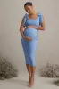 Linnie | Powder Blue Square-Neck Maternity Midi Dress With Bow Straps sold by Club L London