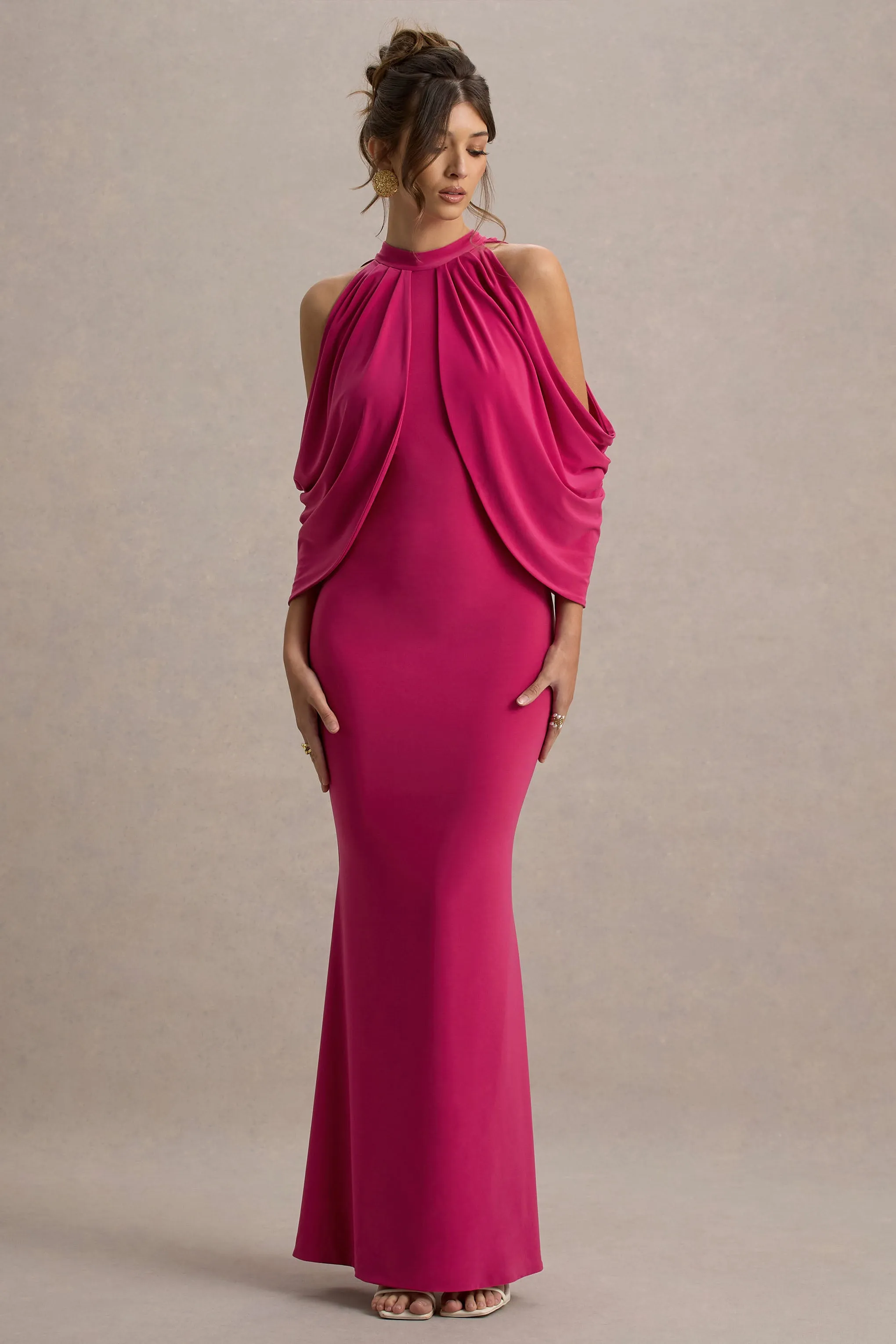 Teresa | Hot Pink High-Neck Cold-Shoulder Maxi Dress sold by Club L London