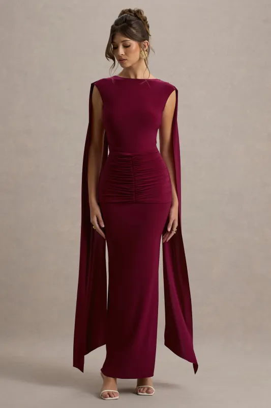 Saige | Burgundy Cap-Sleeve Gathered Maxi Dress sold by Club L London