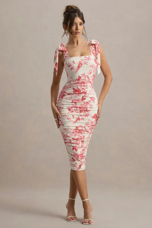 Cordelia | Pink Porcelain Print Bodycon Midi Dress With Bow Straps sold by Club L London