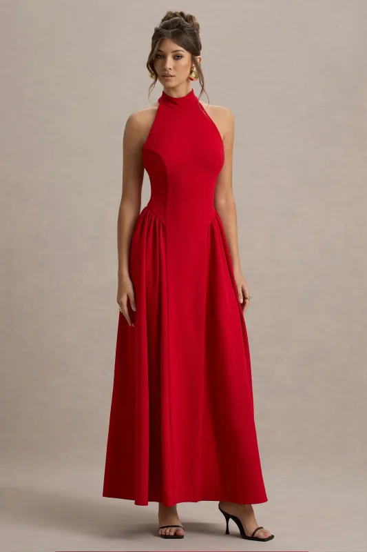 Cynthia | Red High-Neck Maxi Dress With Volume Skirt sold by Club L London